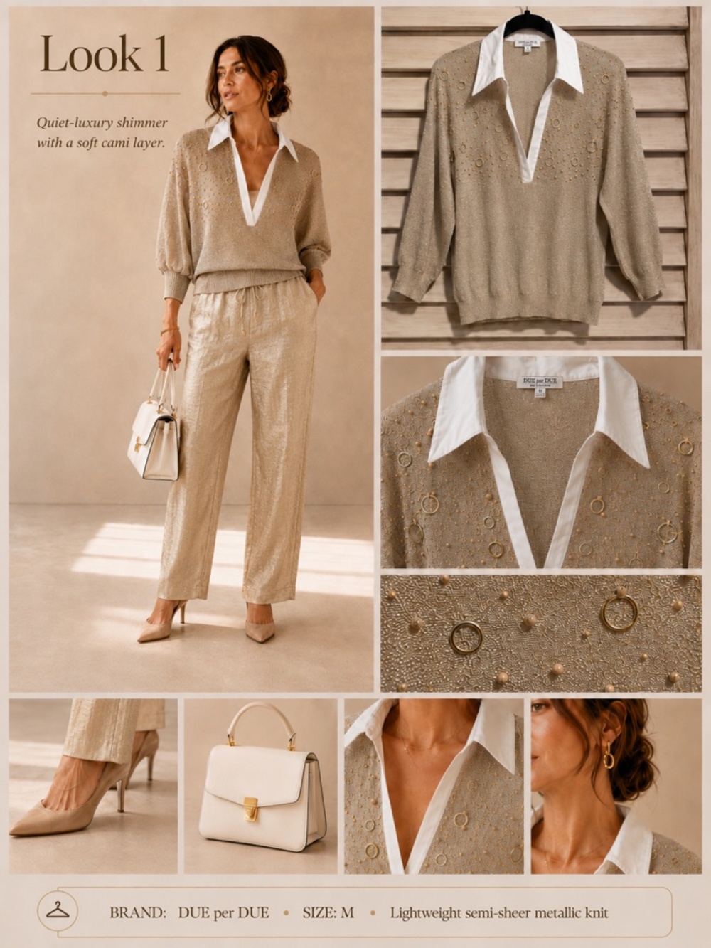 Due per Due - Lightweight Gold Metallic Sweater with Collar Detail - SzS - Picture 2 of 13